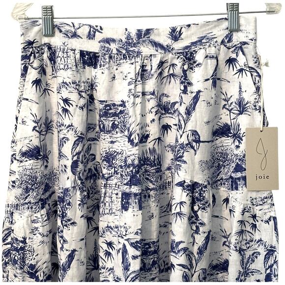Joie Linen Midi Skirt Womens Medium White Blue Pull On Beachy Tropical Floral - Picture 3 of 10